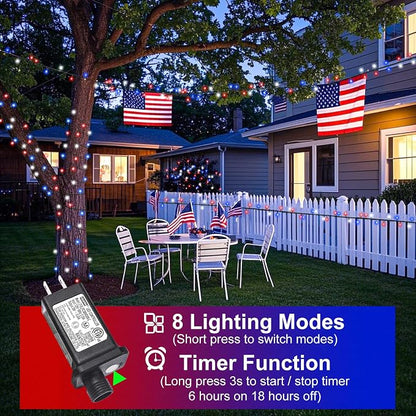 Red White and Blue Lights, 66FT 200 LED 4th of July String Lights Outdoor, Waterproof 8 Modes Connectable Plug In Patriotic Decorations Light for Indoor Independence Memorial Day Party Holiday