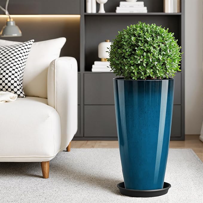 QCQHDU 21 inch Tall Planters for Outdoor & Indoor Plants, Set of 2 Large Outdoor Planters with Drainage Hole for Front Porch, Patio, Garden, Home Decor, Blue