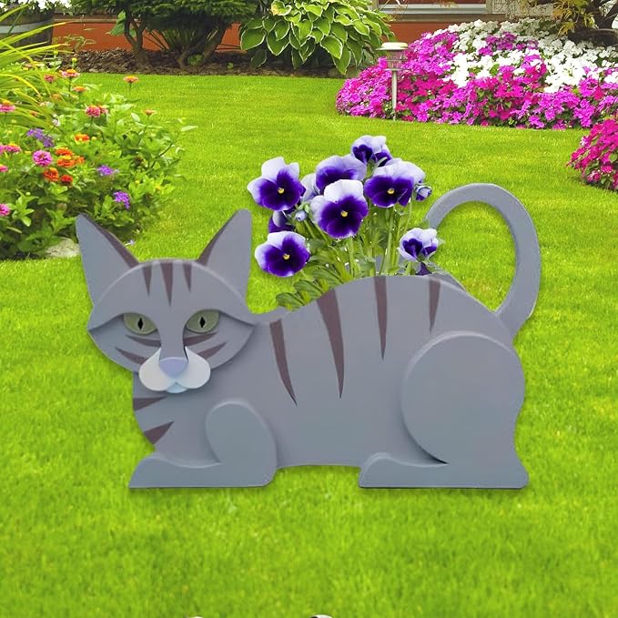 Blue Cat Planter,Cute Cat Flower Pot,Gifts for Pet Lovers,Unique Animal Plant Pots,Office,Indoor Outdoor Garden Decor（12.5 * 5.6 * 7.8in）