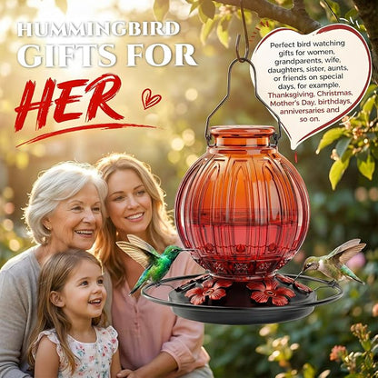 Glass Hummingbird Feeder for Outdoors Hanging, 26Oz Bird Nectar Feeder with Perch & 5 Flower Feeding Ports, Leak Proof for Outside Garden Decor Backyard, Gifts for Women Mom, Orange & Red