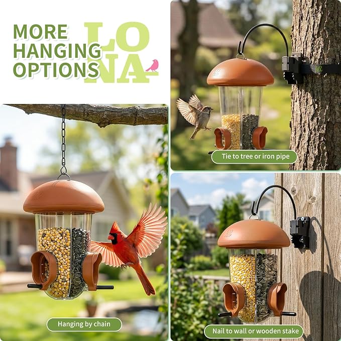 LONA Bird Feeders for Outdoors Hanging – 3 Separate Compartments, 3 Feeding Ports, Weatherproof Dome & 3 Ways to Hang, Large Capacity for Cardinals/Finches (Brown，Plus