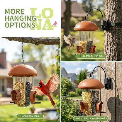 LONA Bird Feeders for Outdoors Hanging – 3 Separate Compartments, 3 Feeding Ports, Weatherproof Dome & 3 Ways to Hang, Large Capacity for Cardinals/Finches (Brown，Plus