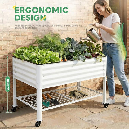 Elevated Raised Garden Bed with Legs and Wheels- 48''x24''x32'' Galvanized Metal Standing Planter Boxes Outdoor with Bottom Storage Shelf for Backyard, Patio, Balcony, Vegetables, Flowers, White