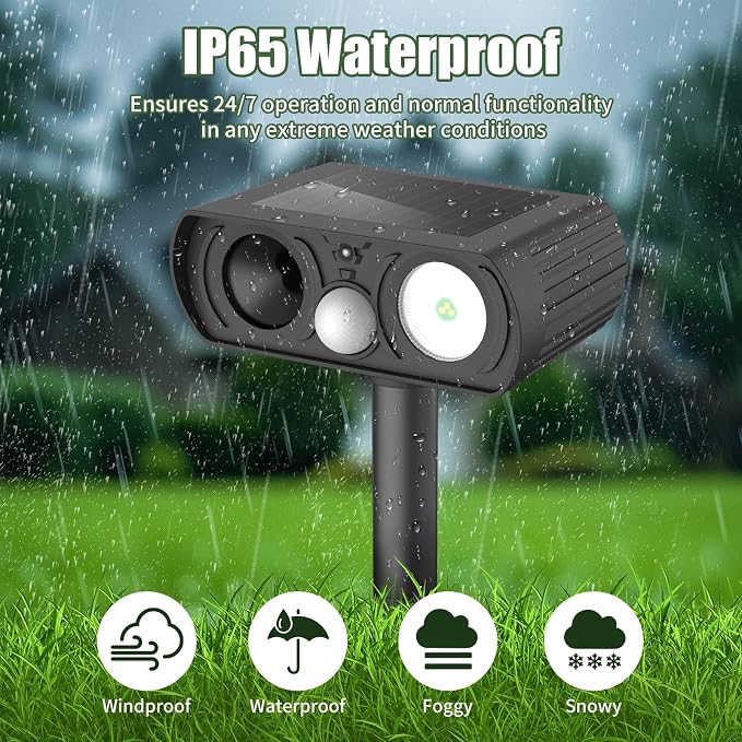 Solar Ultrasonic Animal Repellent, Deer Repellent Devices Waterproof, Cat Repellent Outdoor with Motion Detection Squirrel Skunk Rabbit Dog Raccoon Deterrents Animal Repeller for Yard, 1 Pack, Black