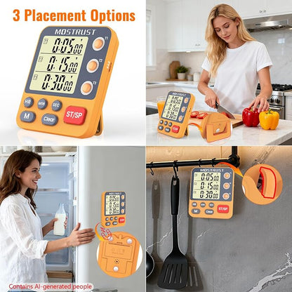 Digital Dual Kitchen Timer, 3 Channels Countdown Triple Timer for Cooking, Magnetic Memory-Preset Large Display Adjustable Alarm Volume, Multi Times Management, 3A Battery Included, Orange