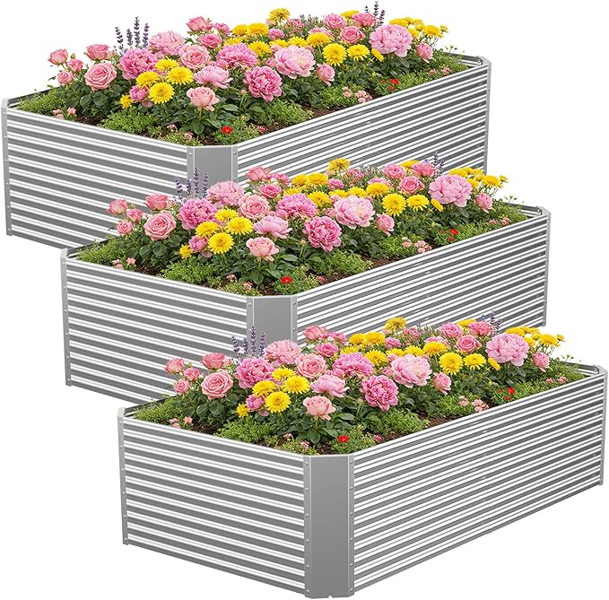 3 Pcs 6 x 3 FT Galvanized Steel Raised Garden Bed – Extra Wide Metal Planter Box for Vegetables, Herbs & Flowers, Perfect for Backyard and Patio Gardening