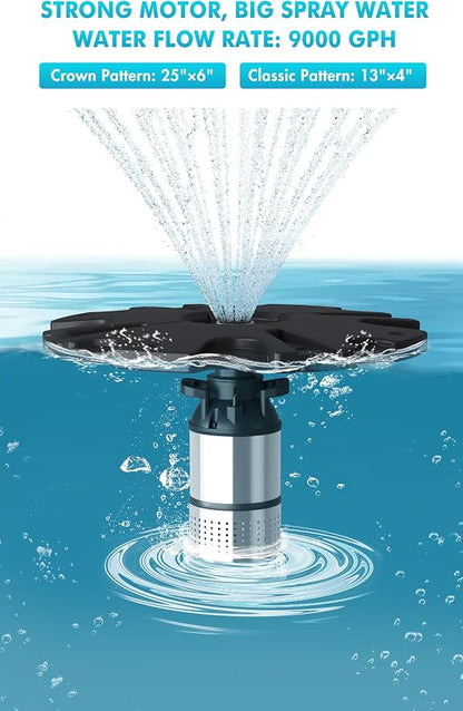 FS02 110V, 1/2 HP Large Pond Floating Fountain, Oil Free Pump 9000 GPH with 100’ Cord, Two Spray Patterns Included