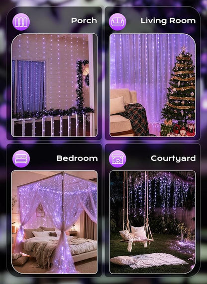 Brightown 300 LED Purple Halloween Fairy Curtain Lights, 9.8ft x 9.8ft String Lights, USB Plug in 8 Lighting Modes Christmas String Hanging Lights with Remote for Bedroom Indoor Outdoor Party Xmas