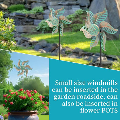 2 Pack Wind Spinners Outdoor Metal Vintage Green, Waterproof Wind Sculptures Garden Pinwheels & Decorative Stakes, Small Windmills for Yard Lawn Patio Outdoor Garden Decor (Type 36)