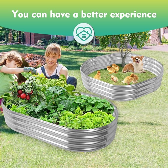 12" Tall Oval-Shaped / Elliptic Metal Raised Garden Bed Outdoor Silver | 60X32X12 Inch,1FT Tall,0.8MM Thick Galvanized Metal Painted,for Variety of Flowers,Herbs,Vegetables.with Gloves,Tool free