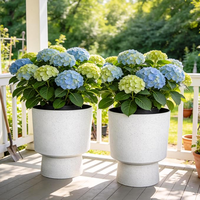Autodaya 16.75" White Terrazzo Urn-Style Pedestal Planters Set of 2 | Modern 2-In-1 Pots with UV Protection for Indoor and Outdoor Plants, Garden, Patio, Balcony, or Entryway Decor