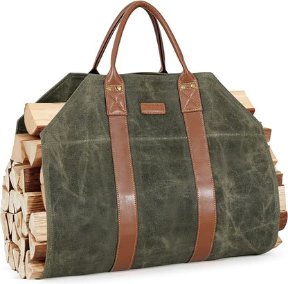 INNO STAGE Canvas Log Carrier Bag,Durable Wood Tote,Fireplace Stove Accessories,Extra Large Firewood Holder with Handles for Camping (39" L x 18" W-Green)