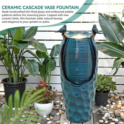 Autodaya 33" Vase Ceramic Outdoor Water Fountain with Lights and Birds | teal blue glazed water feature with textured design, ambient soothing cascading water flow for garden patio yard sanctuary