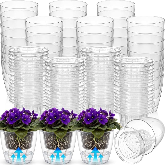 72 Pcs Self Watering Pots 3.5 Inch Plastic Flower Plant Pot with Inner Pot Self Watering Wick Planter White Clear Flower Pots for Indoor House Plants Herbs, Flowers, Succulents (Transparent)