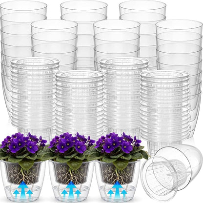 72 Pcs Self Watering Pots 3.5 Inch Plastic Flower Plant Pot with Inner Pot Self Watering Wick Planter White Clear Flower Pots for Indoor House Plants Herbs, Flowers, Succulents (Transparent)