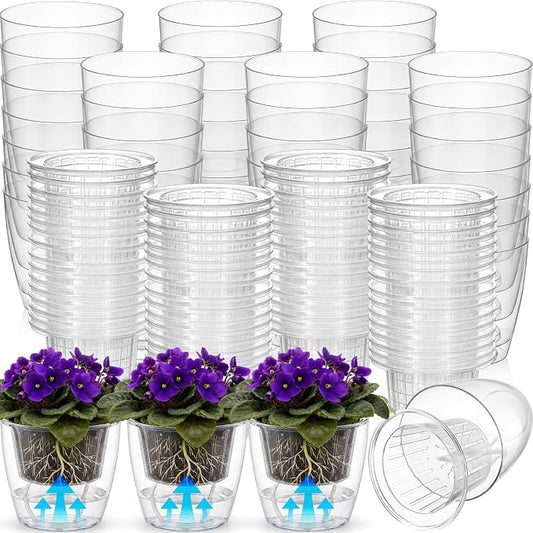 72 Pcs Self Watering Pots 3.5 Inch Plastic Flower Plant Pot with Inner Pot Self Watering Wick Planter White Clear Flower Pots for Indoor House Plants Herbs, Flowers, Succulents (Transparent)