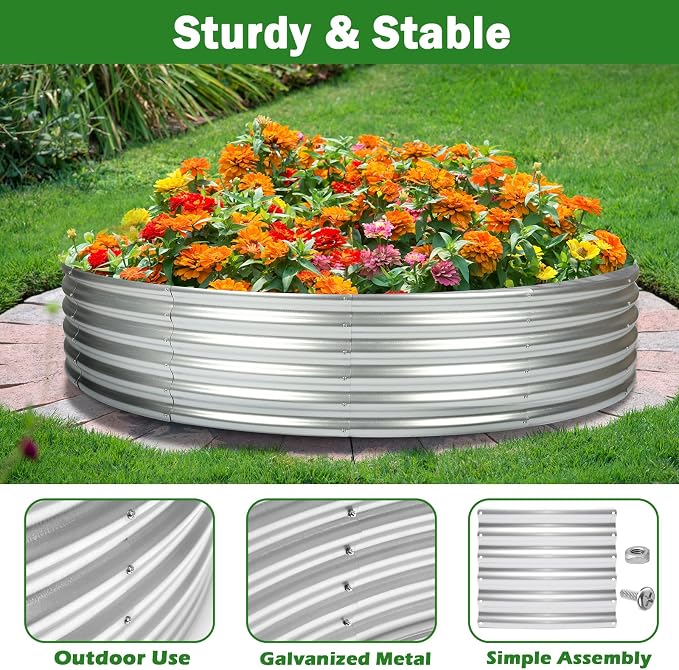 OUSHENG 4x4x1ft Round Galvanized Raised Garden Beds Outdoor, Steel Fire Pit Ring Flower Planter Large Metal Above Ground Boxes Kit for Gardening Vegetables Outside