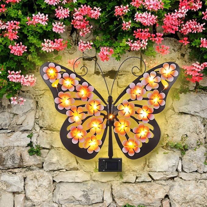 Solar Lights Outdoor Metal Butterfly Wall Decor with 30 Led - 13.5" Outdoor Fence Wall Art,Hanging Decoration for Garden Patio Porch Yard,Gifts for Women,Birthday Gifts for Mom Grandma