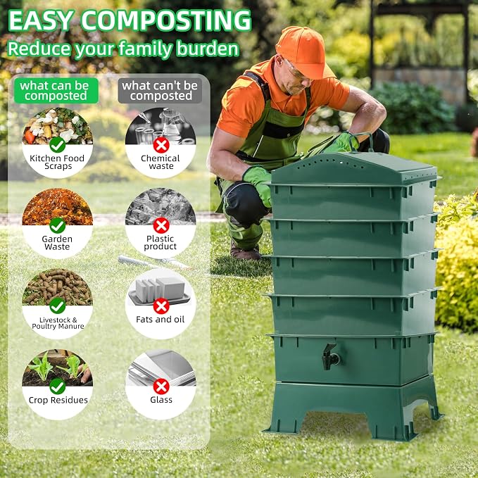 4-Tray Worm Compost Bin, Worm Composter for Outdoor & Indoor, ecocultivatify Wormie's Home, Worm Bin Set for Recycling Household Waste (Dark Green)