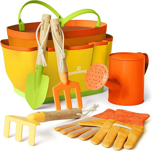 Kinderific Gardening Set, Tool Kit, for Kids, STEM, Includes Tote Bag, Spade, Watering Can, Rake, Fork, Trowel and Gloves (Sunshine)
