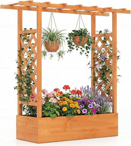 Giantex Wooden Raised Garden Bed with Trellis & Hanging Roof, Fir Wood Planter Box, 45" Freestanding Elevated Garden Bed for Outdoor Climbing Plants Vegetables Flowers, Patio & Balcony, Orange