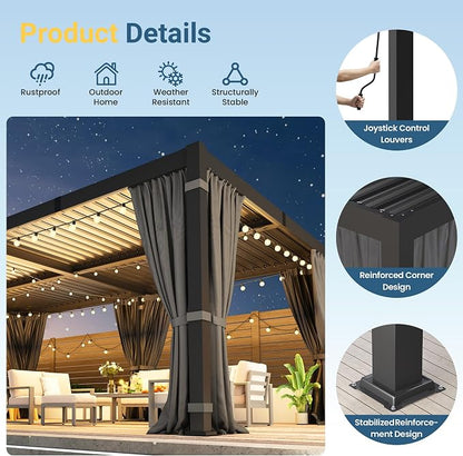 12' x 20' Louvered Pergola, Aluminum Frame Outdoor Pergola with Adjustable Louvered Roof, Curtains & Netting, Gutter System, Outdoor Hardtop Patio Gazebo for Patio, Deck, Garden, Yard, Dark Gray
