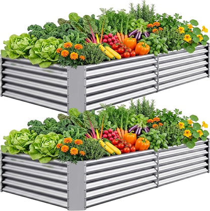 AHEONLAR 2 Pack 8×4×1.5ft Galvanized Raised Garden Beds Outdoor, Rectangle Sturdy and Durable Planter Boxes for Vegetables, Fruits, Flowers and Plants, Easy Assembly, Silver