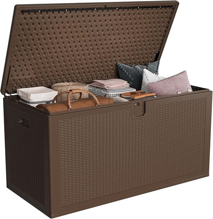 IDEALHOUSE 150 Gallon Resin Deck Box, Waterproof Outdoor Storage Box with Lockable Lid & UV Resistant, Patio Furniture Cushion Storage Container for Garden, Backyard, Poolside (Brown)
