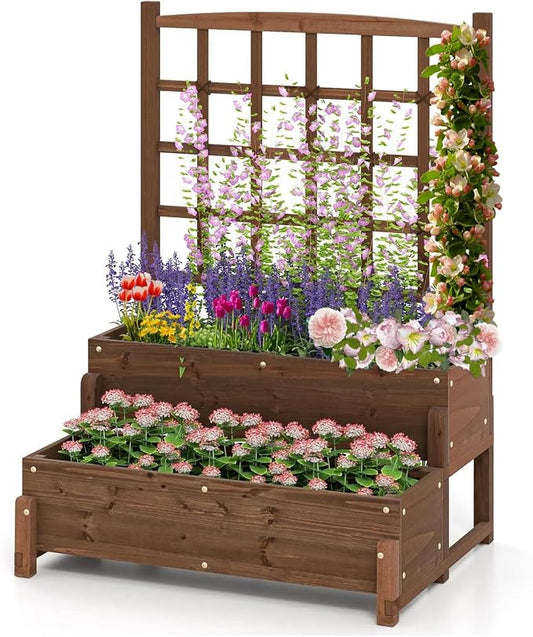 DREAMADE Fir Wood Raised Garden Bed with Trellis, 2-Tier Wooden Elevated Planter Box w/Drainage System, Garden Trellis for Flower, Vegetable, Fruit & Herb (1)