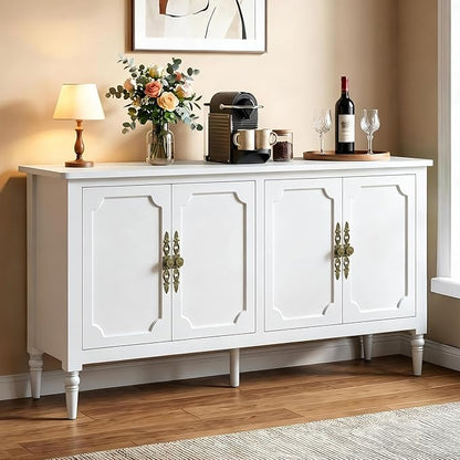 RoyalCraft Buffet Cabinet with Storage, 59" Vintage Sideboard with Adjustable Shelves, Mid Century Modern Painted Credenza Coffee Bar for Kitchen, Dining Room, Entryway, Living Room, Satin White