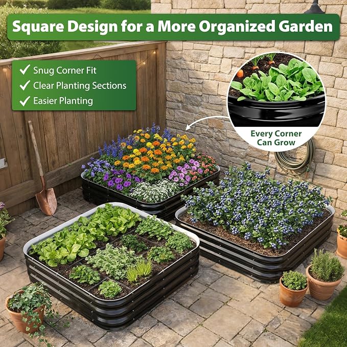 Square Galvanized Raised Garden Bed 4x4ft – Easy Home Gardening Planter Box for Vegetables & Flowers,Herbs – 12" Heavy Duty Outdoor Gardening Bed with Easy Assembly (Black)