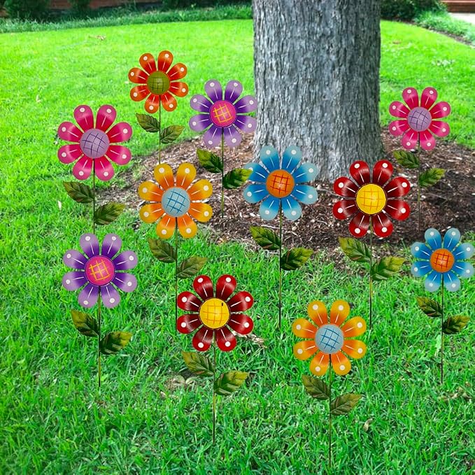 Metal Garden Flower Stakes, 16.5 Inch Decorative Outdoor Stakes with Colorful Flower Heads, 6 Pack Garden Yard Art Decor