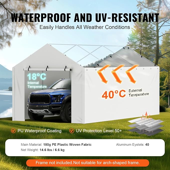 VEVOR Carport Replacement Canopy Cover Side Wall 10 x 20 ft, Garage Tent Shelter Tarp Heavy-Duty Waterproof & UV Protected, Easy Installation with Ball Bungees,White (Top and Frame Not Included)