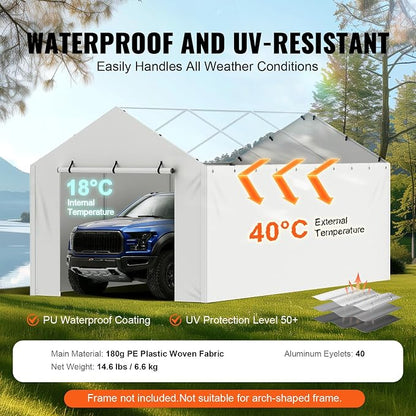 VEVOR Carport Replacement Canopy Cover Side Wall 10 x 20 ft, Garage Tent Shelter Tarp Heavy-Duty Waterproof & UV Protected, Easy Installation with Ball Bungees,White (Top and Frame Not Included)