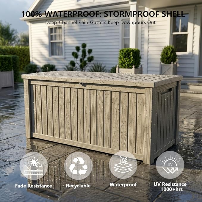 Outdoor Storage Box, 200 Gallon Waterproof Deck Box [Upgraded 3.0], Premium Hydraulic Cushion Storage Chest, High-Load Lockable Two-Seater Patio Storage Bench, Large Country Estate, Grey