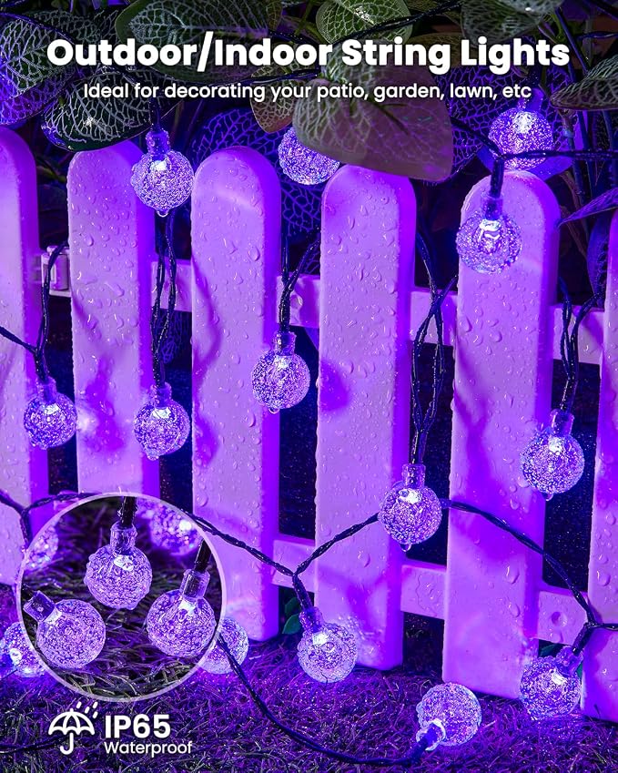Brightown Purple Solar Halloween Lights - 60 Led 36 Feet Crystal Globe String Lights with 8 Modes, Waterproof for Outdoor Garden Yard Porch Decor