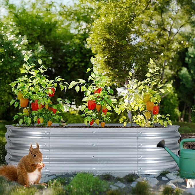 Aoodor Galvanized Raised Garden Bed Kit, 4 x 2 x 1 Ft Oval Outdoor Metal Planter Box for Vegetables, Flowers & Herbs, Silver