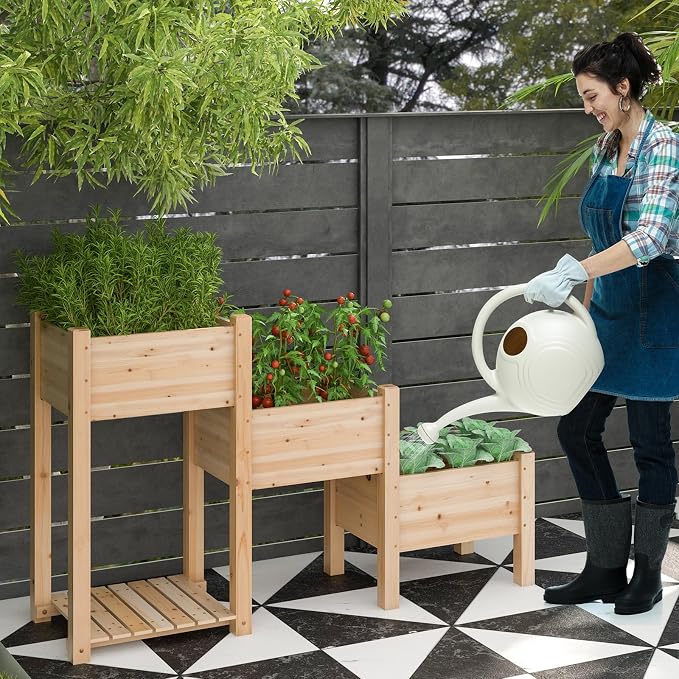 HAPPYGRILL 3-Tire Raised Garden Bed, Wooden Raised Planter Box with 3 Planter Boxes, Drainage Holes, Open Storage Shelf, Outdoor Garden Bed with Legs for Plant, Fruit, Vegetable, Flower, Herb