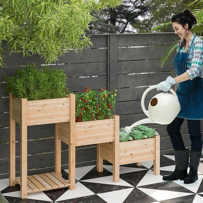 HAPPYGRILL 3-Tire Raised Garden Bed, Wooden Raised Planter Box with 3 Planter Boxes, Drainage Holes, Open Storage Shelf, Outdoor Garden Bed with Legs for Plant, Fruit, Vegetable, Flower, Herb
