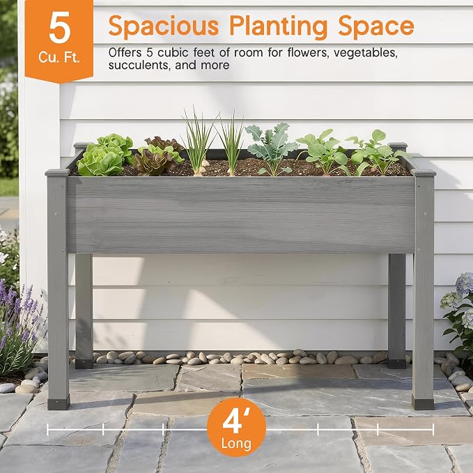 SPECRAFT 48 x 24 x 30 Inches Raised Garden Bed with Legs, 5 Cu Ft Wooden Planter Box with Drainage Holes & Liner, Outdoor Raised Garden Beds for Patio Backyard Gardening, Gray