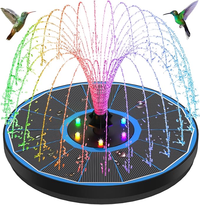 Solar Fountain New, 3.5W Solar Bird Bath Fountains with Glass Panel, 2200 Battery, Hummingbird Water Features with Color LED Lights, 8 Spray Modes & 4 Fixed Pipes for Garden, Pool, Pond