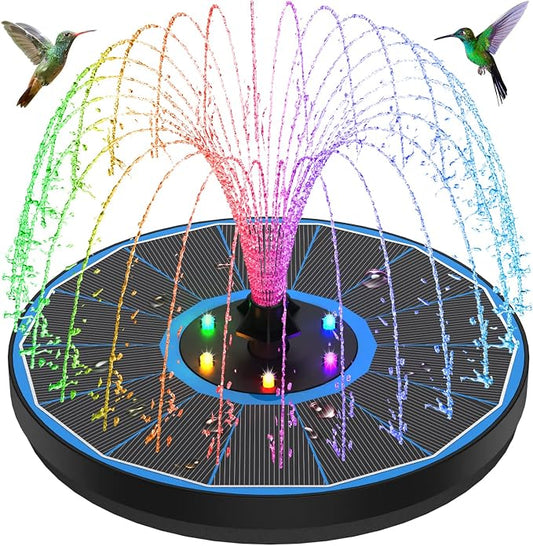 Solar Fountain New, 3.5W Solar Bird Bath Fountains with Glass Panel, 2200 Battery, Hummingbird Water Features with Color LED Lights, 8 Spray Modes & 4 Fixed Pipes for Garden, Pool, Pond