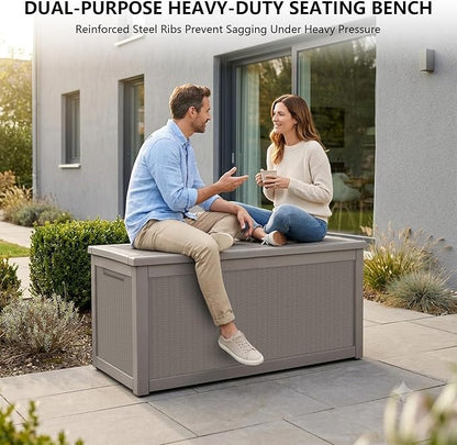 Outdoor Storage Box, 320 Gallon Waterproof Deck Box [Upgraded 3.0], Dual Gas-Spring Ultimate Resin Organizer for King Cushions, Heavy-Duty Lockable Estate Storage Bench, Backyard BBQ, Grey