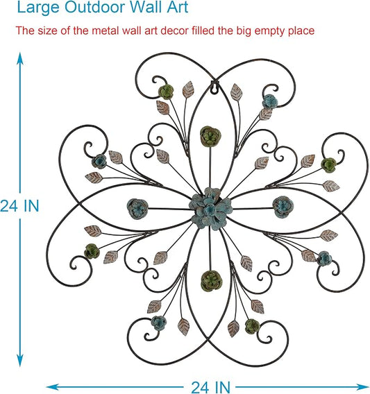 Phaxth 24" Metal Flower Wall Art Decor with Rust Leaf, Large Scroll Outdoor Wall Art Decor