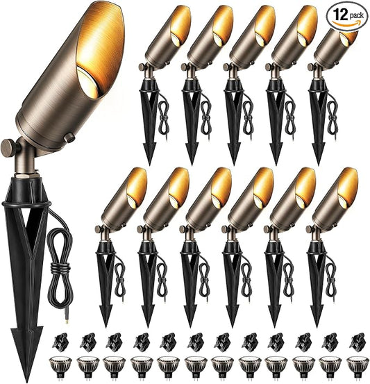 HIBOITEC Solid Brass LED Landscape Lights, 12V Heavy Duty Spotlights Light Fixture with 5W Aluminum Housing MR16 LED Bulb 2700K 450LM, Low Voltage Outdoor Spot Lighting, Uplight for Garden, 12Pack