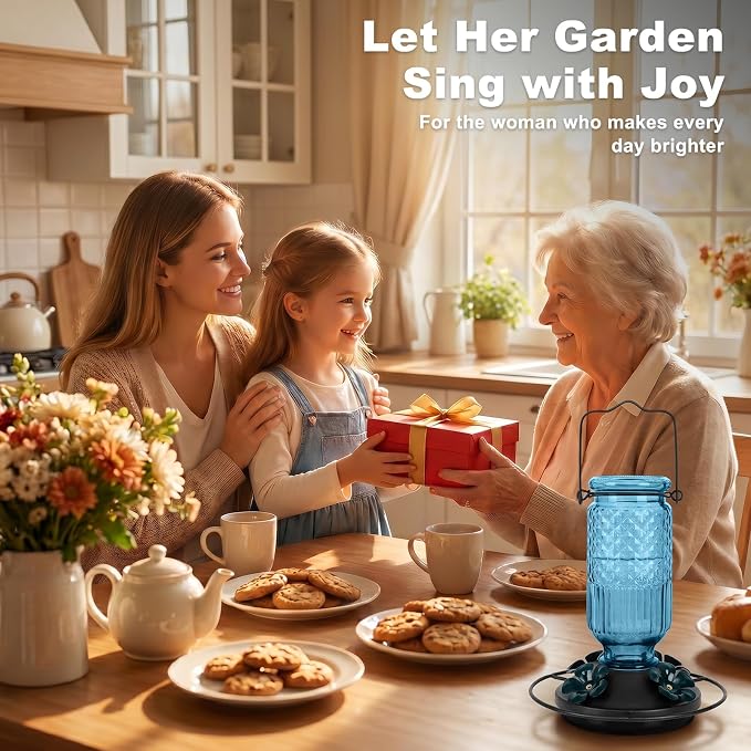 FEED GARDEN Glass Hummingbird Feeder for Outdoors Hanging, 16 oz Leak-Proof Nectar Feeder with Bee Guards & Ant Moat, 4 Metal Flower Feeding Ports, 360° Perch Ring, Easy Refill & Clean, Blue