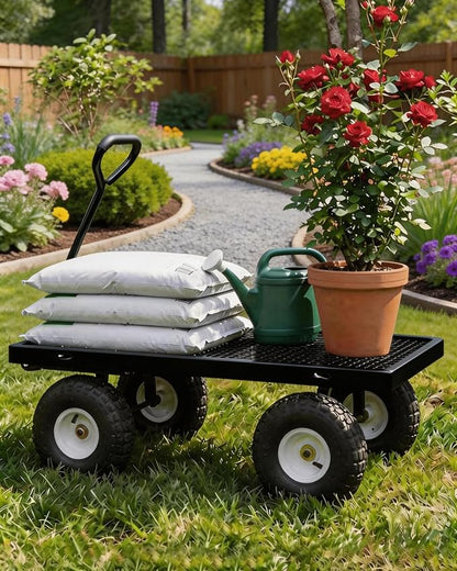 GarveeTech 400LBS Heavy Duty Steel Garden Cart, Garden Wagon Cart on Wheels, Metal Yard Utility Wagon with Removable Mesh Sides, 10" All Terrain Tires, 180° Rotating Handle for Lawn, Garden, Farm