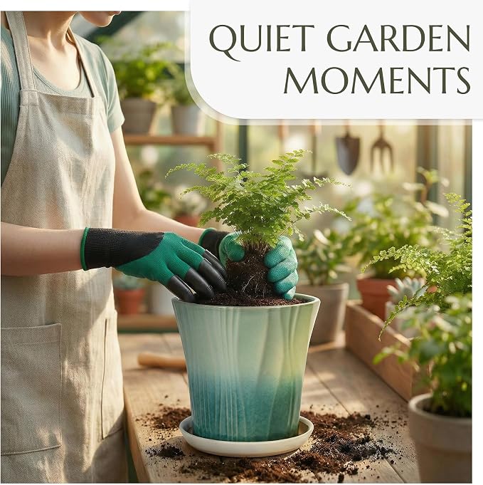 10 Inch Ceramic pots for Plants with Saucer Drainage Leak-Proof Mesh, Round Plant Pot with Gardening Gloves for Indoor Outdoor Plants (Rippled Green)