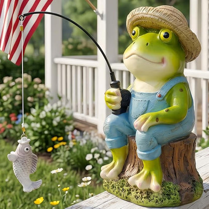 Frog Fisherboy Statue | Outdoor Garden Decor, Resin Animal Statue, Pond Ornaments, Poolside Garden Decor, Koi Fish Pond, Unique Fisherman Gifts