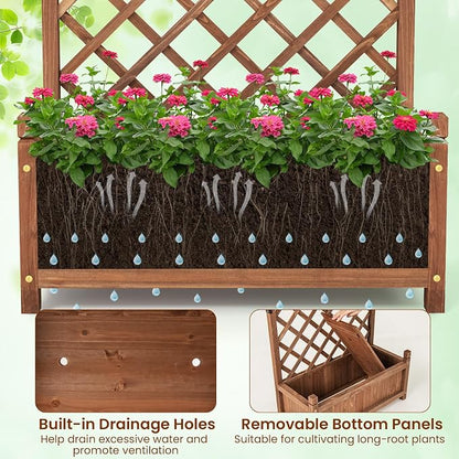 Giantex Raised Garden Bed with Trellis Set of 2, 60” Wooden Planter Container w/Drainage Holes, High Trellis for Plant Flower Climbing Pot Hanging, Indoor Outdoor Planter Box for Yard Garden Balcony